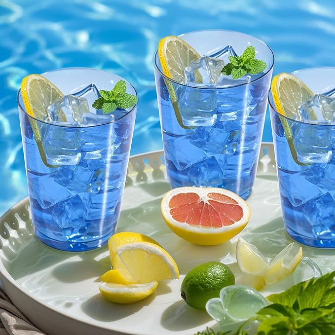 DaYammi 100 Pack Clear Blue Plastic Cups 10 Oz, Blue Cups for Party Disposable Wine Glasses Heavy Duty Disposable Tumblers Drinking Cocktail Glasses for Wedding