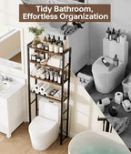 4-Tier Over-the-Toilet Storage Rack with One-Piece Wooden Shelves & Open Net Basket, Bathroom Organizer with Adjustable Feet & Anti-Tip Kit, Space-Saving Toilet Shelf, Brown, 24.4" x 9.4" x 69.3"