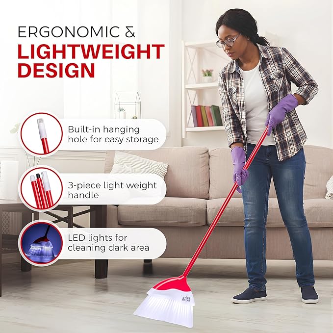 Indoor Broom with LED Lights | Angle Broom for Dark Corners & Low Light Areas | Soft Bristle, Adjustable Long Handle | Floor Sweeper for Kitchen, Room, Office & Garage (Red)