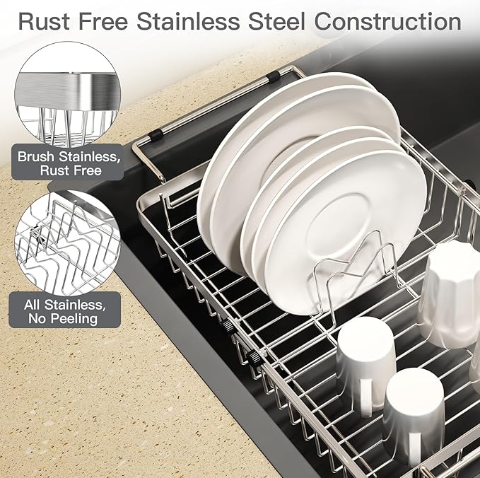Small Expandable Over The Sink Dish Drying Rack Drainer In Stainless Steel Metal For Kitchen, Counter Space Saving Compact Above Plate Dryer Strainer, Adjustable Hanging Inside Sink Wire Drain Holder