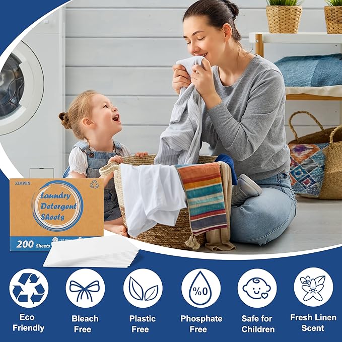 Laundry Detergent Sheets 200 Sheets, Fragrance-Free, Eco-Friendly, Plastic-Free, Hypoallergenic, Liquidless Washing Supplies for Dorm Travel Camping, 200 Loads