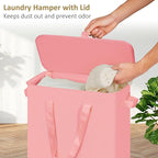 efluky Slim Laundry Basket with Lid, Narrow Laundry Hamper with Handles, Collapsible Dirty Clothes Hamper, Tall Laundry Bin for Laundry Room, Dorm and Bedroom, 55L Pink