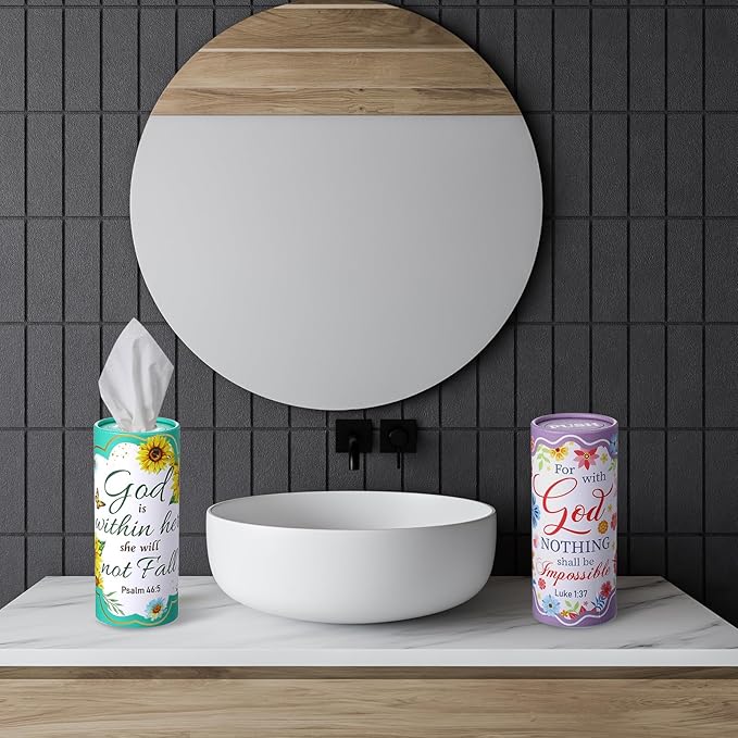 Outus 12 Pack Car Tissues Cylinder Holder Christian Round Tissue Box Cup Holder 3 Ply Facial Napkins Bible Verses Napkins Container for Car Home Office Dispenser Travel Prayer Church Religious Gifts