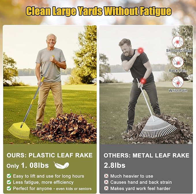 Plastic Garden Rake for Leaves - Lightweight Leaf Rake with Anti-Break Nylon Head, 16.5" Wide, 35–75" Adjustable Yard Rake for Lawn,Gardening,Grass & Pine Needles, Easy for Women, Seniors & Kids