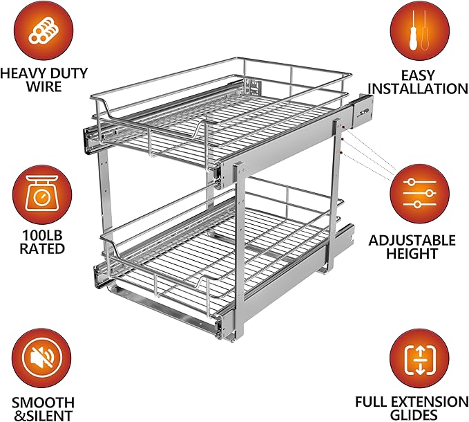 (8" W x 22" D 2-Tier Narrow Cabinet Pull Out Shelves | Heavy Duty Slide Out Shelves for Kitchen Cabinets, 22 Inch Deep Under Cabinet Organizer, Chrome