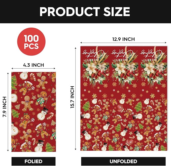 Horaldaily 50 Christmas Disposable Paper Decorative Guest Napkins, Gingerbread Man Hand Towel for Party Lunch Dinner Kitchen Bathroom