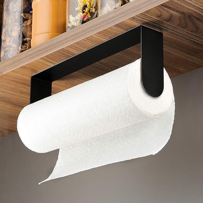 ZUNTO Black Paper Towel Holder Under Cabinet, Stainless Steel Kitchen Towel Holder Stick on Wall Vertical or Horizontal, Frees up Counter Space