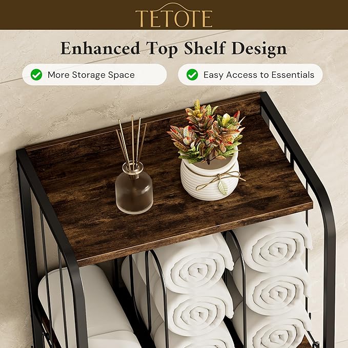 TETOTE Towel Rack for Bathroom 5-Tier Towel Holder with M-Shaped Detachable Dividers Hooks Bathroom Towel Storage Organizer, Rustic