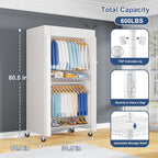 ULIFHOME P8C Heavy Duty Clothes Rack（With Extended Width Design） Rolling Clothing Racks for Hanging Clothes with Lockable Wheels，31.5" W x 15.8" D x 80.5" H，Max Load 600LBS，White Rack with White Cover