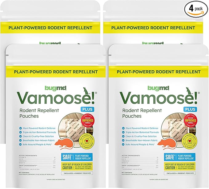 BugMD Vamoose Plus Peppermint Oil Mouse Repellent Pouches | Natural Mice Repellent Indoor & Rat Deterrent for House, Garage, RV, Car & Storage | Plant-Powered Rodent Control - 4 Pack - 16 Pouches