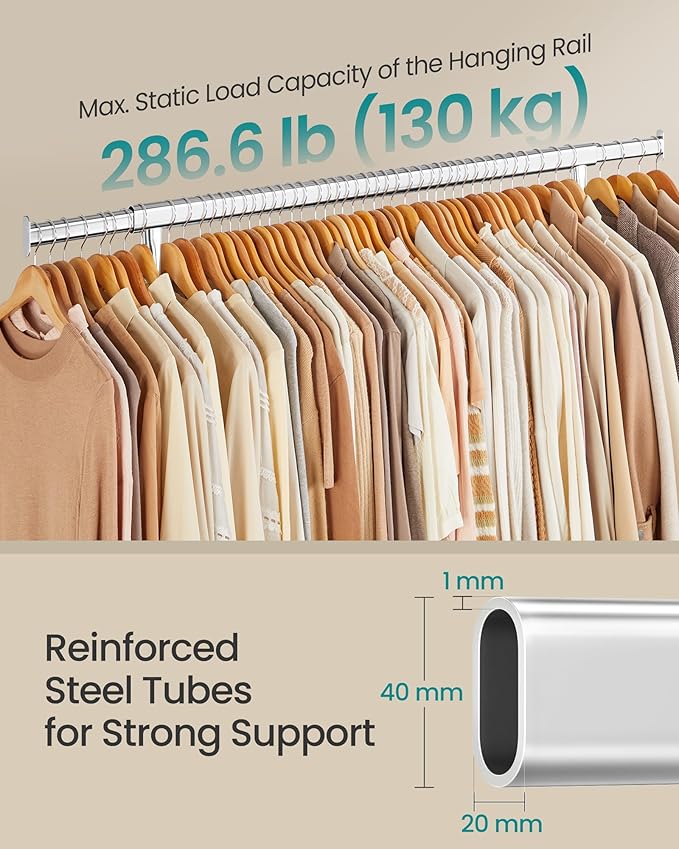 SONGMICS Clothes Rack with Wheels, Heavy-Duty Garment Rack with Extendable Hanging Rod, 286.6 lb Load Capacity, 17.7 x (43.3-59.1) x 64.1 Inches, Chrome-Plated, Silver UHSR11S