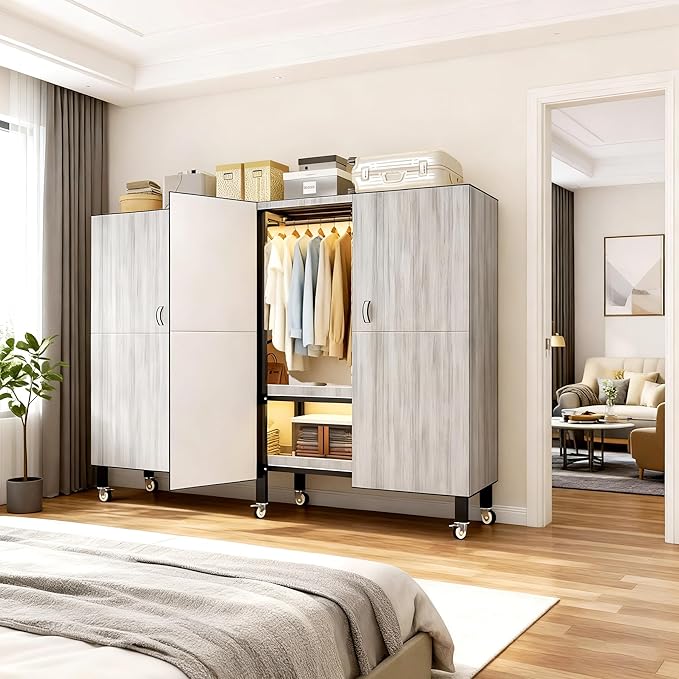 Foldable Portable Armoire Wardrobe Closet for Hanging Clothes Rack, Heavy Duty Covered Clothes Rack with Cover(HARDBOARD Magnetic), Closet Garment Rack for Bedroom Storage (KT Woodgrain Gray, 74.8in)