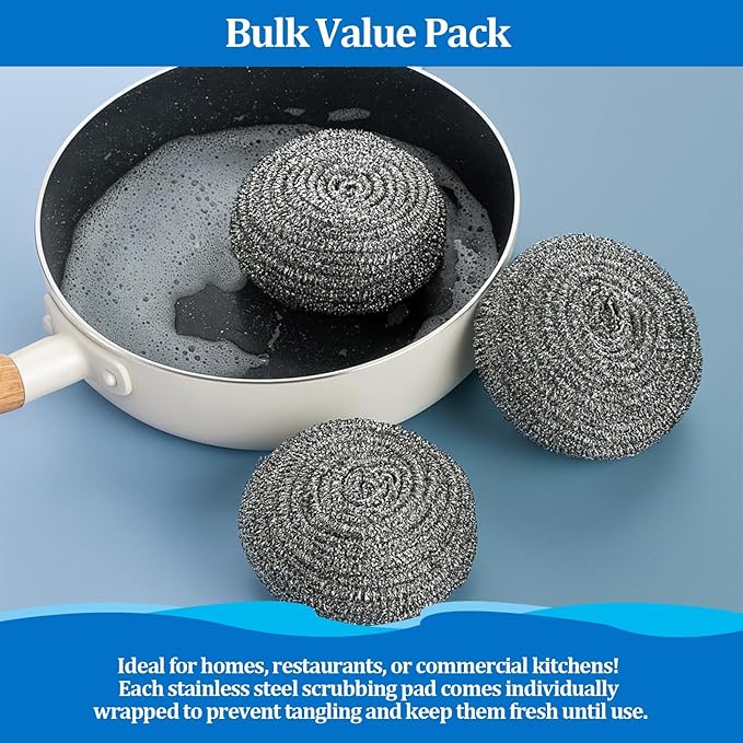 Steel Wool Scrubber Heavy-Duty Stainless Steel Scrubber Pads for Pots, Pans, Grills, and Stovetops 1.06oz, Ideal for Home and Commercial Use (6-Pack)