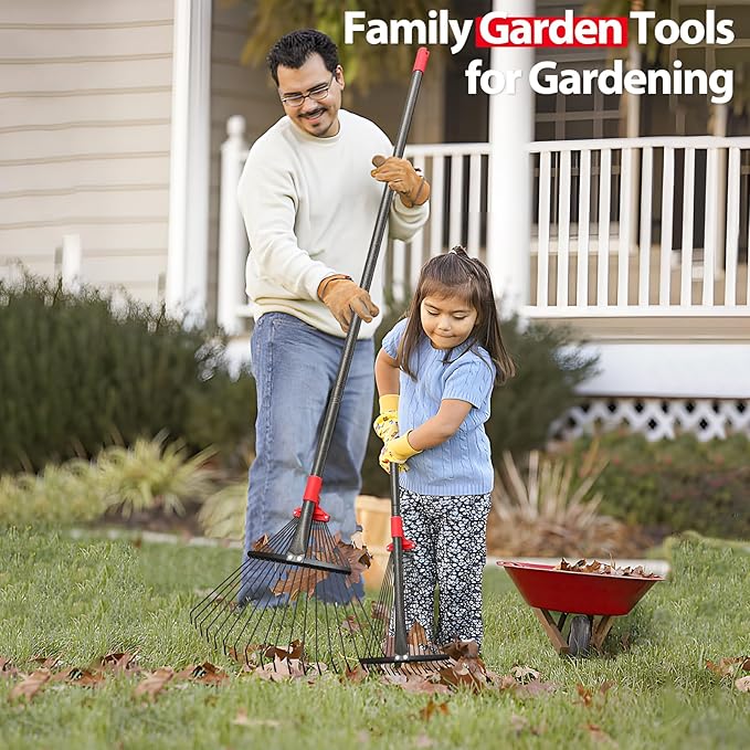 Rake, Adjustable Rakes for Leaves with 9”-17” Head, Rakes for Lawns Heavy Duty, 60 in Garden Rake with 18 Clog-Free Tines, Long Handle, Metal Gardening Tool, Fast Cleanup, Easy Carry for Camping