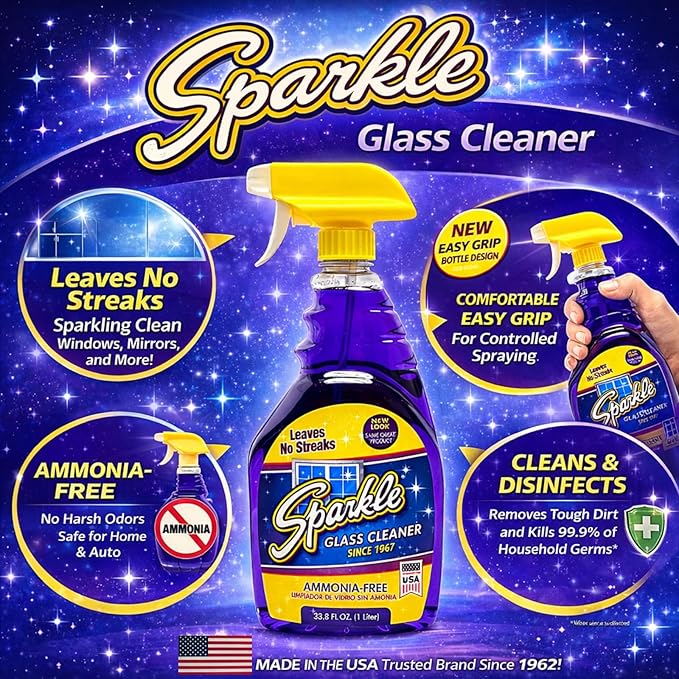 Sparkle Glass Cleaner 1 Spray Bottle 33.8 And 1 Refill 33.8, Ammonia-Free Original Formula Heavy Duty Glass Cleaner, Leaves No Streaks (67.6 Fl Oz,Pack of 3)
