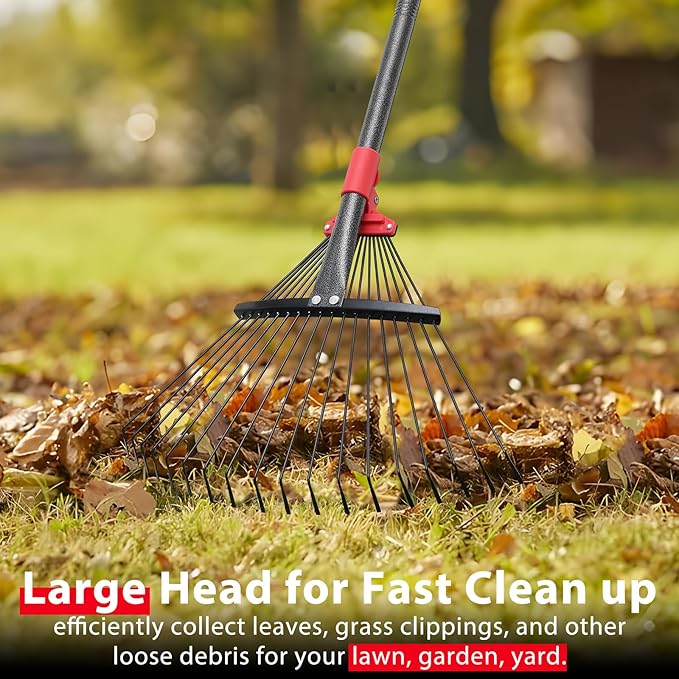 Rake, Adjustable Rakes for Leaves with 9”-17” Head, Rakes for Lawns Heavy Duty, 60 in Garden Rake with 18 Clog-Free Tines, Long Handle, Metal Gardening Tool, Fast Cleanup, Easy Carry for Camping
