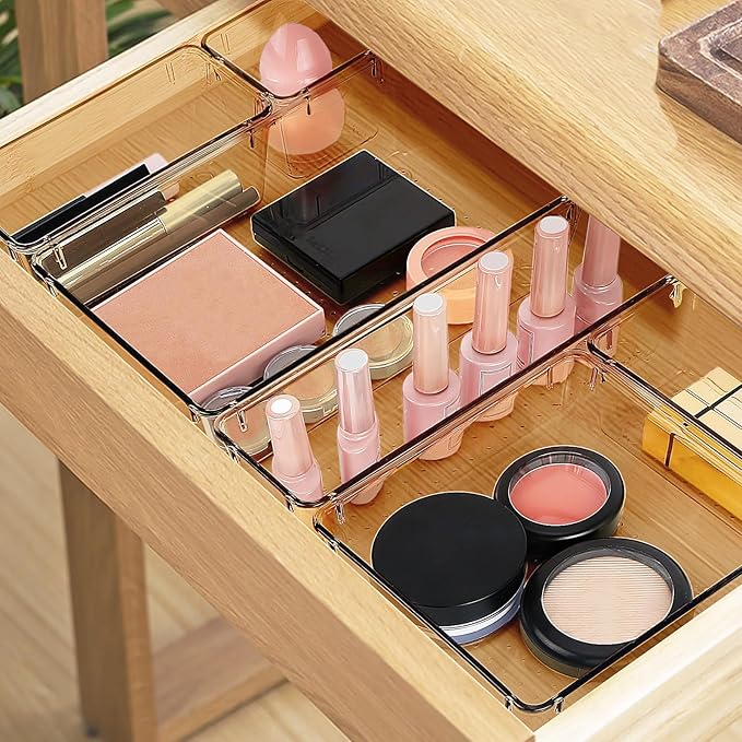 StorMiracle 25 PCS Drawer Organizer Set, 5 Varied Size Bathroom and kitchen Drawer cabinet organizer Trays, Clear Storage Bins for Makeup, Jewelry, Utensils and Gadgets, Champagne