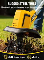 21V Cordless Tiller Cultivator, 400RPM Electric Rototiller with 48 Steel Tines, 4.0Ah Battery Powered Garden Tiller with 8-inch Width and 6-inch Depth, Tiller for Gardening and Soil - Yellow