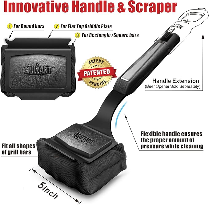 GRILLART Grill Brush Bristle Free. SteamWizards BBQ Replaceable Cleaning Head, Seamless-Fit Scraper Tools for Cast Iron/Stainless-Steel Grates Griddle, Safe Barbecue Grill Cleaner Brush-Dark Black