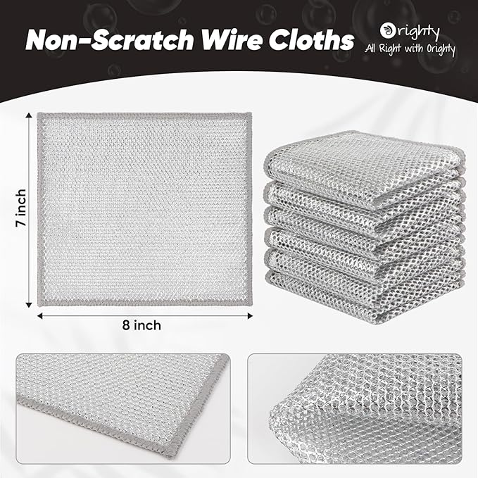 Orighty 24 Pcs Multipurpose Wire Dishwashing Rag, Non-Scratch Wire Dish Cleaning Cloths for Wet and Dry, Reusable Steel Scrubber for Kitchen, Powerful Dishcloth Rag for Cookware, Dish, Stove-7"x8"