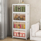 Storage Bins with Lids and Wheels, 180QT-45QT*4Tier Collapsible Bathroom Storage Cabinet with Clear Doors, Plastic Stackable Closet Organizers and Containers White