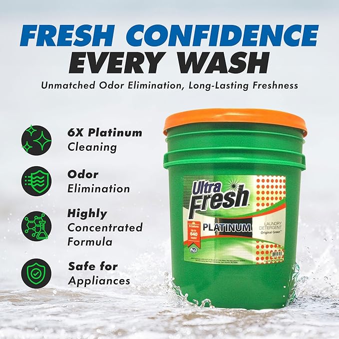 Ultra Fresh 3X Platinum 5 Gallon Laundry Detergent Liquid for All Machine Types with Easy Dispensing Pump, Up to 640 Loads, Original Green (6 Pack)
