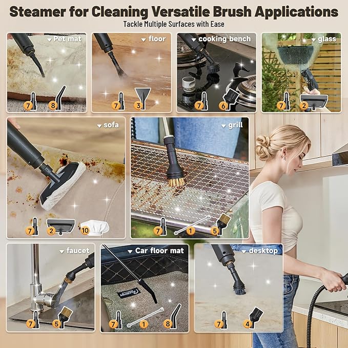 Gautye Steam Cleaner, 3-Level Adjustable Handle, 15s Heat-Up, 1.69 Quarts Tank, Portable Steamer for Cleaning with 15 pcs Accessories, Steam Cleaner for Home for Dirt, Grease, Grout, Tile,Floor, Car