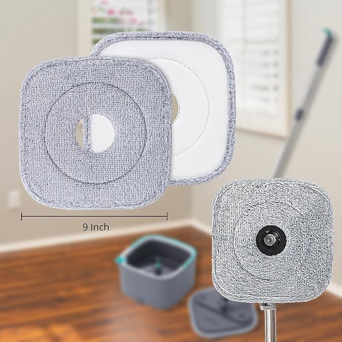 True & Tidy® 6-Pack 9 inch Extra Thick Microfiber Pad Refill for SPIN-800 TrueClean Mop & Bucket Square, Compatible with M16 and Most Square Spin Mop and Bucket, Machine Washable up to 100x