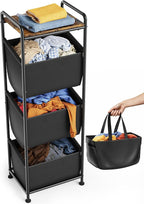 Moforoco Vertical Laundry Sorter 3 Section with Shelf, Laundry Hamper with Removable Bag, 120 L Laundry Baskets organizer for Bathroom, Apartment, Dorm Room, Black