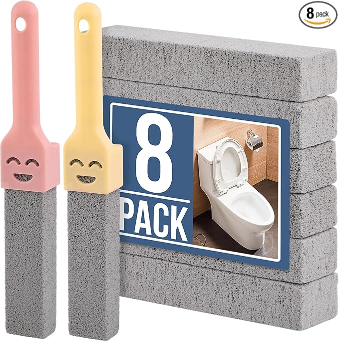 Navona 8 Pack Pumice Stone Scouring Sticks with 2 Universal Handles, Grey Pumice Stone Cleaner for Cleaning Toilets, Bathrooms, Kitchens, Spas and Pools