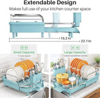 SNTD Dish Drying Rack, Expandable Dish Rack for Kitchen Counter, Stainless Steel Dish Drainer with Drainboard Set and Utensil Holder (Blue)