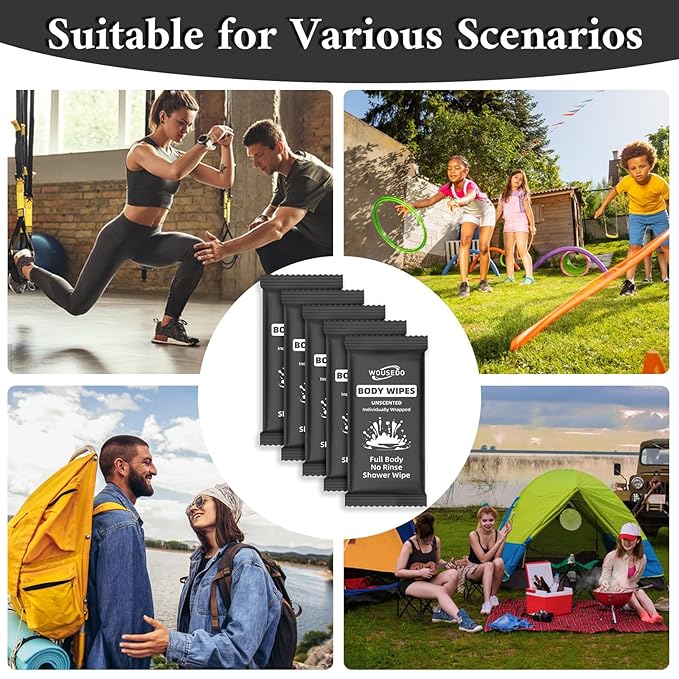 300 Pcs Ultra Thick Soft Large Body Wipes Individually Wrapped(7.87" x 9.45"),Shower Wipes for Adults Bathing No Rinse,Personal Cleansing Wipes for Travel Gym,Bulk Deodorant for Homeless.