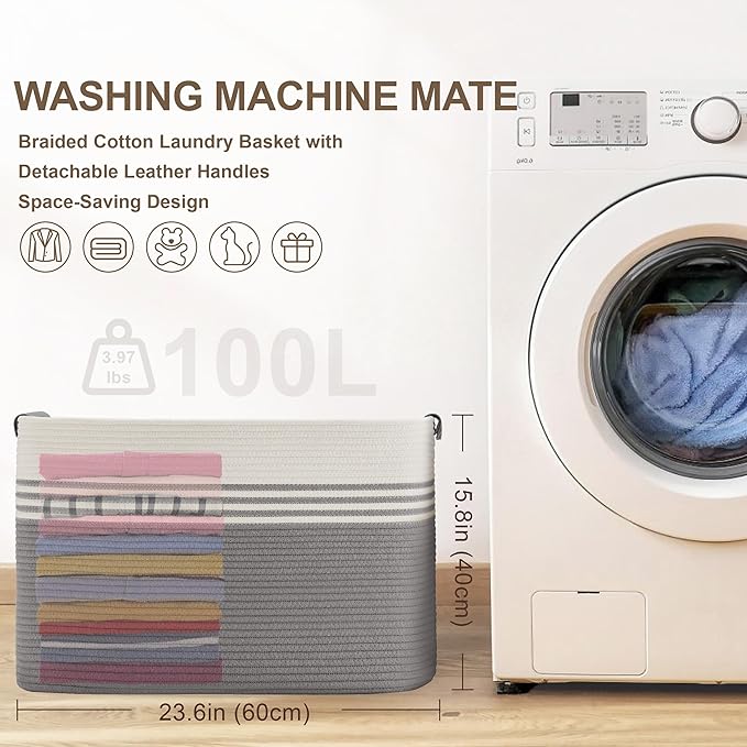 100L Extra Large Laundry Basket with Leather Handles for Living Room Storage, Woven Rope Baskets for Blanket, Kids Toy, Gifts, Wicker Hamper for Bedroom Dirty Clothes, 24"x16"x16" White Grey