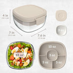 Bentgo Glass All-in-One Salad Container - Large 61-oz Salad Bowl with Lid, 4-Compartment Bento-Style Tray, 3-oz Sauce Container, & Reusable Fork - Dishwasher, Microwave, & Oven Safe (White Stone Tan)