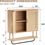 INNOD Rattan Bathroom Wall Cabinet with Towel Bar, Wall-Mounted Medicine Cabinet with Adjustable Wood Shelf & Doors, Over The Toilet Storage Cabinet for Laundry Room & Kitchen & Living Room