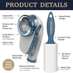 Farberware Fabric Shaver & Lint Remover Set–Battery Operated Sweater Shaver with Triple Blades and Extra Sticky Roller for Pet Hair, Fuzz & Pilling on Clothes, Upholstery & Bedding (Gray/Blue, Large)