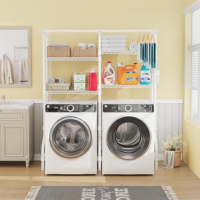 ULIFHOME U14 Over Washer and Dryer Storage Shelves, 4 Tiers Laundry Room Storage and Organizer System, Space Saving Clothes Drying Rack with 2 Clothes Hanger Rods, 66.5" W x 20.5" D x 77.4" H, White