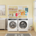 ULIFHOME U14 Over Washer and Dryer Storage Shelves, 4 Tiers Laundry Room Storage and Organizer System, Space Saving Clothes Drying Rack with 2 Clothes Hanger Rods, 66.5" W x 20.5" D x 77.4" H, White