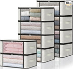 HomeHacks Storage 10-Pack Clothes Organizer Storage Bags Foldable Storage Box with Large Clear Window Sturdy Handles for Closet, Dorm, Pillows, Bedding, Clothes, Blankets, 35L, Ivory