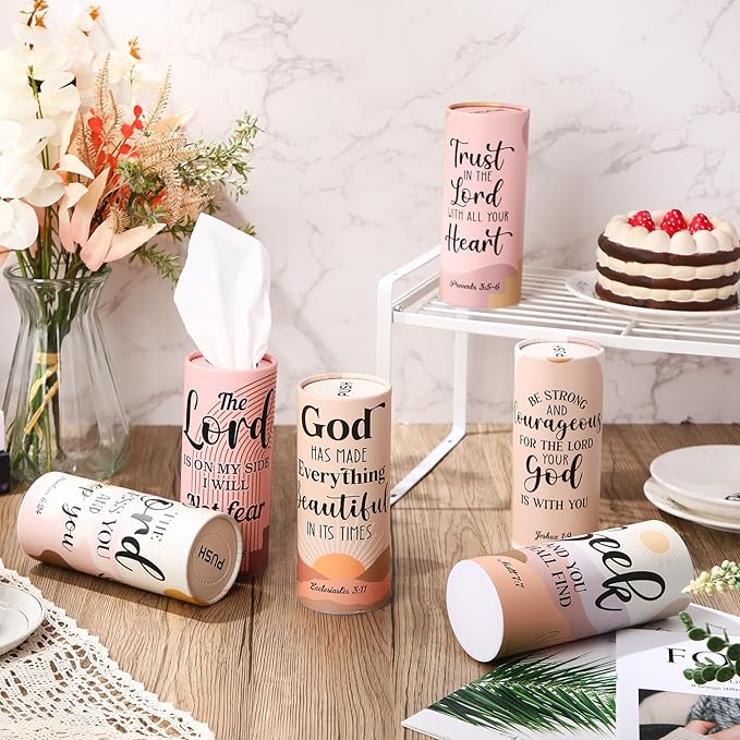 Outus 12 Pack Christian Car Tissues Cylinder Holder with Facial Tissue Bulk Round Bible Verses Napkins Container for Car Home Travel Prayer Church Gifts, 6 Designs