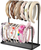 Headband Holder Organizer Metal 2-Tier with Tray: Hair Accessories Display Stand Storage Hairband Rack Necklace Stand Home Bedroom for Girls Women, Black
