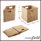 Casafield 10.5" x 10.5" Water Hyacinth Storage Baskets, Natural - Set of 6 Collapsible Cube Organizers, Woven Bins for Bathroom, Bedroom, Laundry, Pantry, Shelves