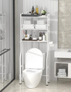 Livilord 3-Tier Over The Toilet Storage, Freestanding Metal Bathroom Shelves with 4 Hooks, Over Toilet Storage Shelf with Paper Holder, Above The Toilet Shelf for Bathroom Storage, White