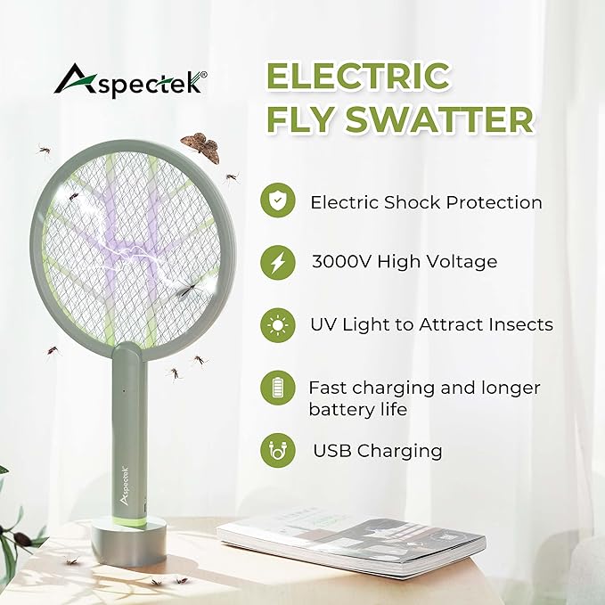 Aspectek 3000V Electric Fly Swatter for Indoor and Outdoor Use, Portable, Rechargeable Bug Zapper Racket with Improved Battery Life, USB Charging Cable, Wall Bracket, White -Green