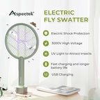 Aspectek 3000V Electric Fly Swatter for Indoor and Outdoor Use, Portable, Rechargeable Bug Zapper Racket with Improved Battery Life, USB Charging Cable, Wall Bracket, White -Green