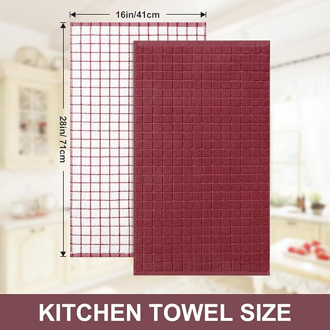 Homaxy Premium Cotton Kitchen Towels 16"x 28", Large Natural Ring Spun 390 GSM Dish Towels, Super Absorbent Terry Kitchen Hand Towels, Soft Tea Towel with Hanging Loop, Red Check Design,8 Pack