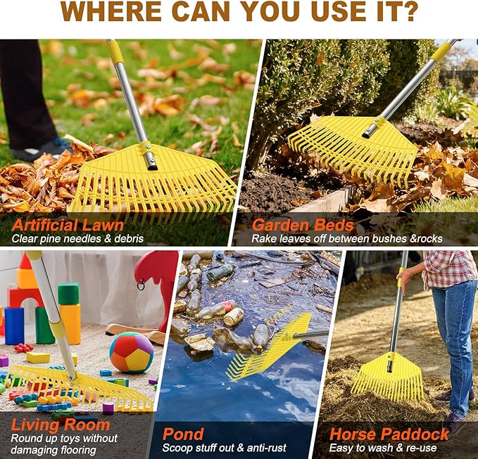 Leaf Rake - 17" Wide Nylon Plastic Head,51" Adjustable Stainless Steel Handle,Heavy Duty Gardening Leaves Rake Tools for Garden Lawns,Yard,Shrub,Grass - Lightweight for Women,Seniors & Kids