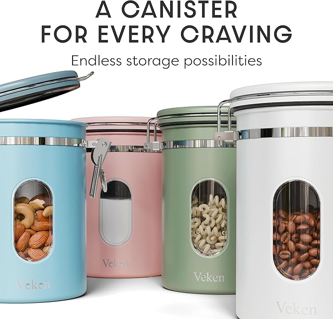Veken Coffee Canister with Window, Airtight Stainless Steel Kitchen Food Storage Container with Lids, Date Tracker and Scoop for Grounds Coffee, Beans, Tea, Flour, Cereal, Sugar Jars, 22OZ, Blue