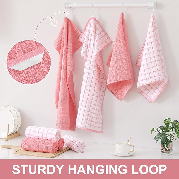 Homaxy Premium Cotton Kitchen Towels 16"x 28", Large Natural Ring Spun 390 GSM Dish Towels, Super Absorbent Terry Kitchen Hand Towels, Soft Tea Towel with Hanging Loop, Pink Check Design, 8 Pack