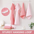 Homaxy Premium Cotton Kitchen Towels 16"x 28", Large Natural Ring Spun 390 GSM Dish Towels, Super Absorbent Terry Kitchen Hand Towels, Soft Tea Towel with Hanging Loop, Pink Check Design, 8 Pack